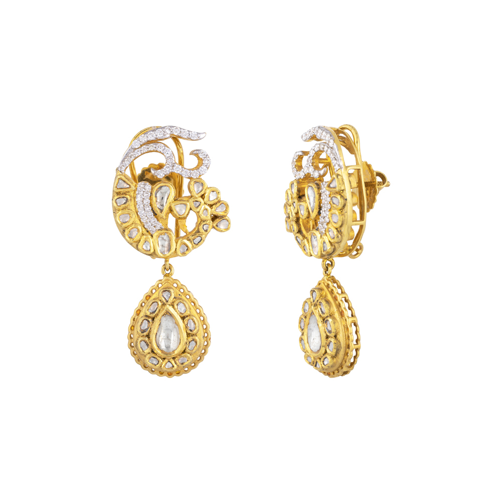 Peacock Polki Earrings with Diamond Accents and Teardrop Pendant